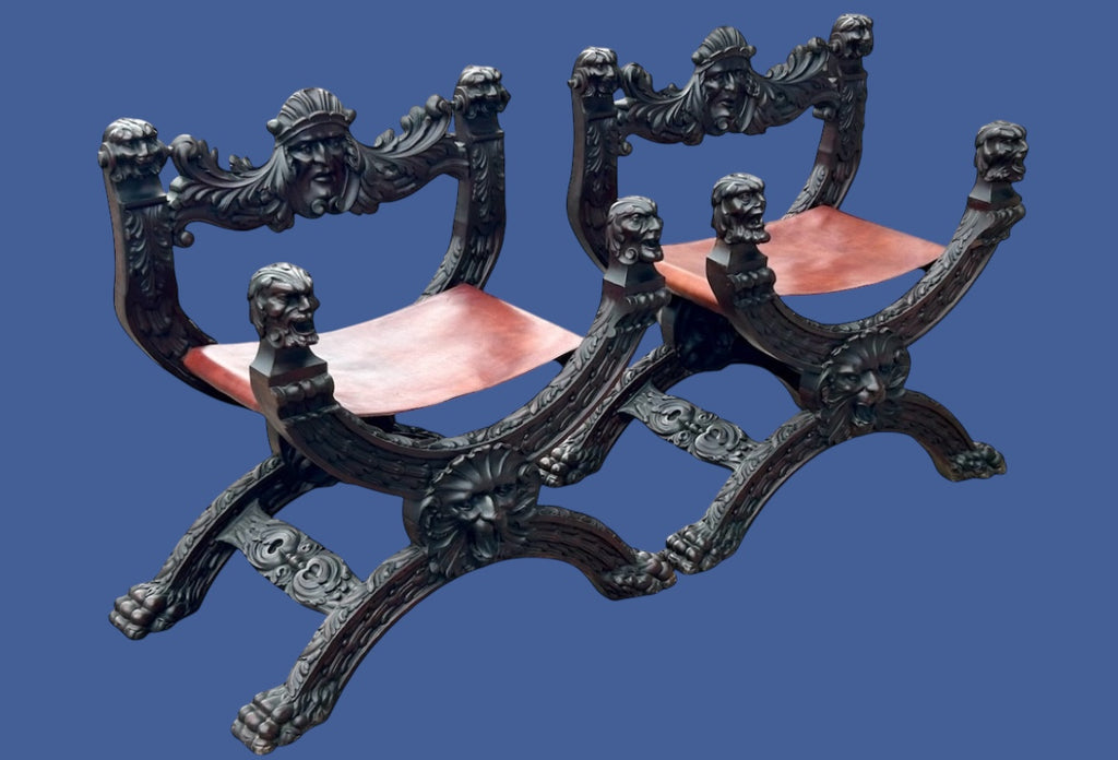 Paire de fauteuils curules Dagobert en acajou de style renaissance fin XIXéme - fauteuil en X