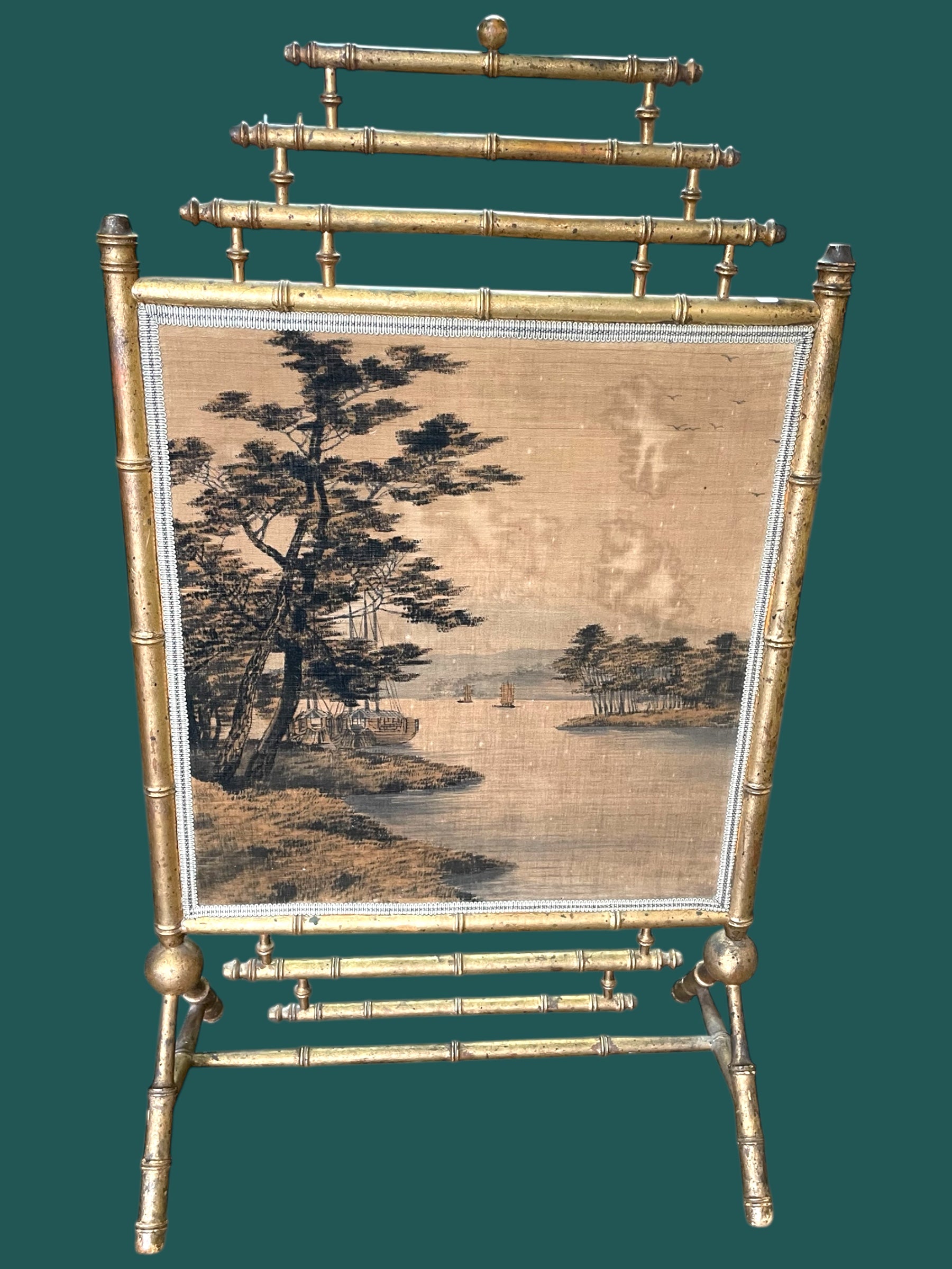 Écran de cheminée / Pare feu en bois doré et soierie fin 19ème