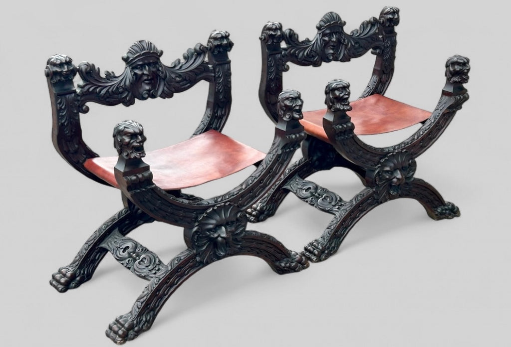 Paire de fauteuils curules Dagobert en acajou de style renaissance fin XIXéme - fauteuil en X