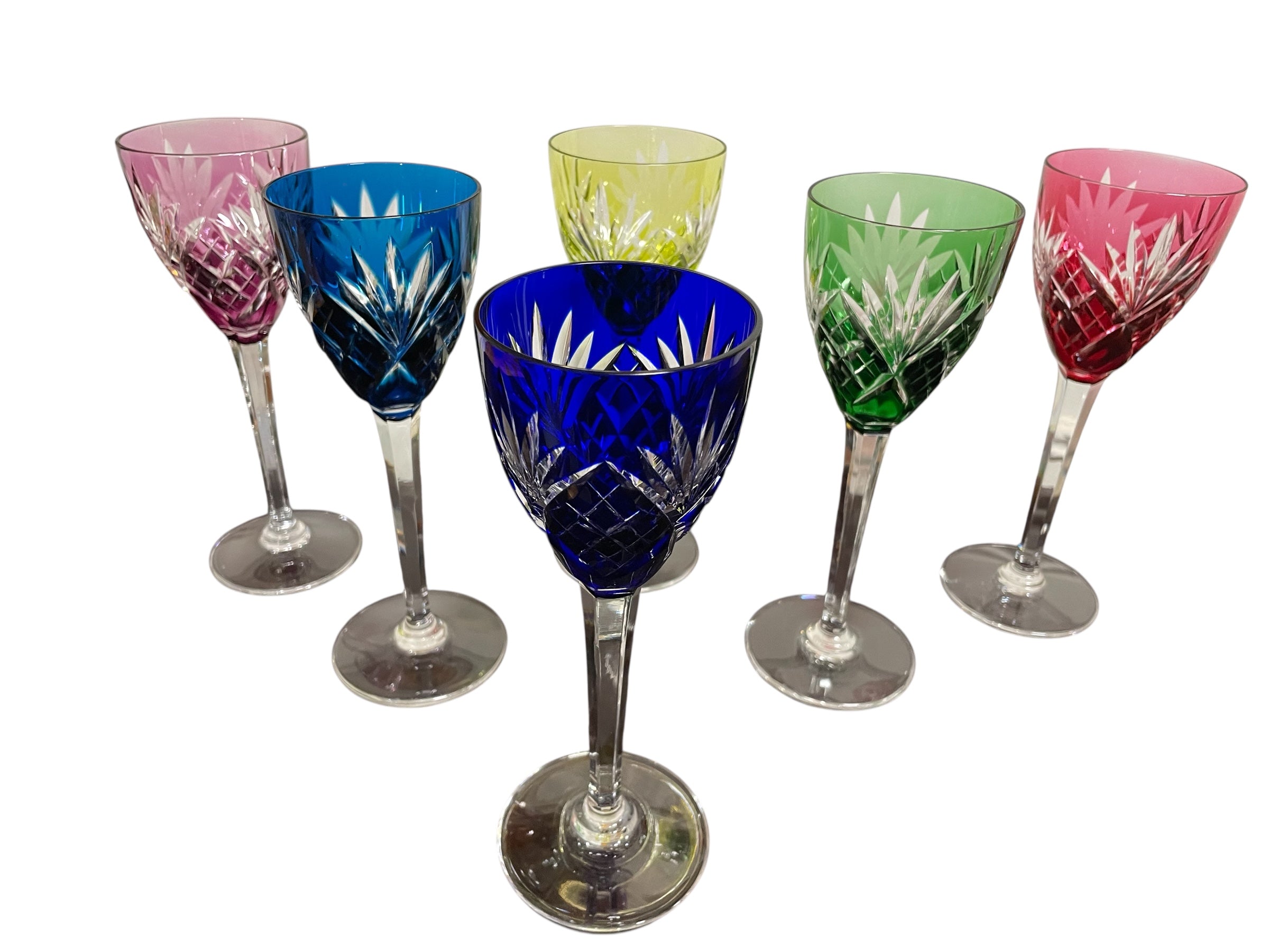6 VERRES ROEMERS EN CRISTAL DE COULEUR SAINT LOUIS MODÈLE CHANTILLY H: 21,5