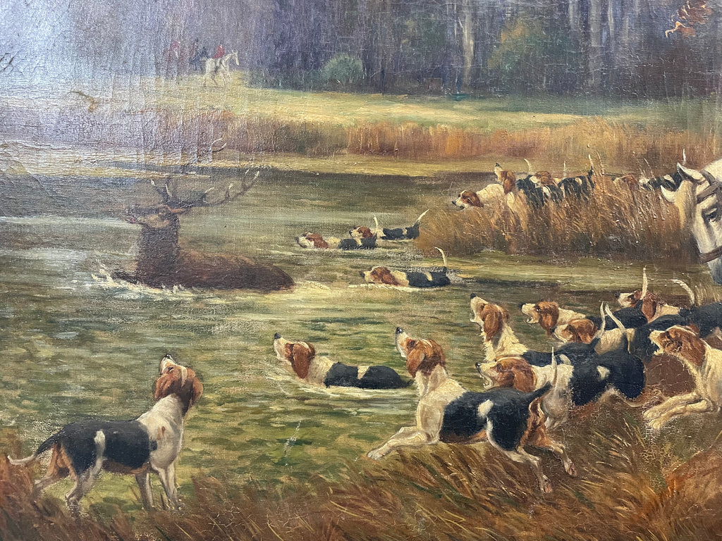 Monumental tableau huile sur toile Chasse à courre époque fin XIXème
