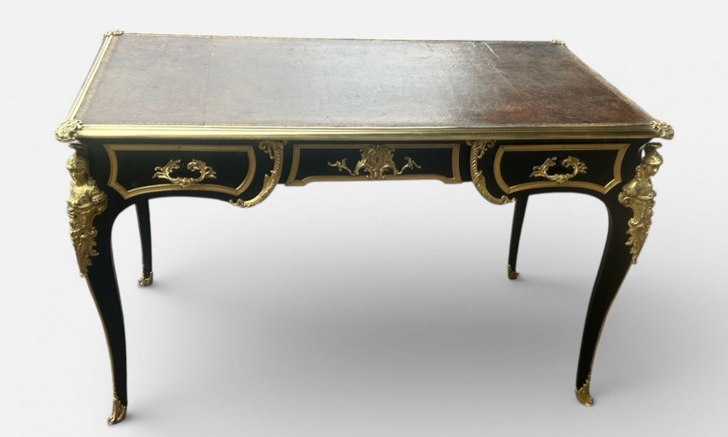 BUREAU PLAT DE STYLE LOUIS XV LAQUÉ NOIR D’ÉPOQUE NAPOLÉON III