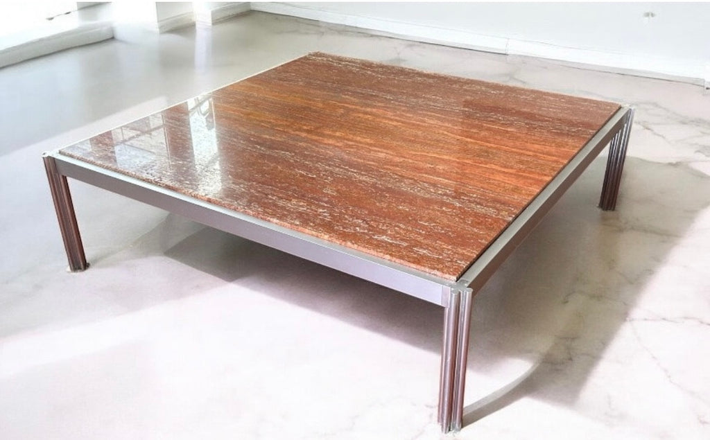 Georges Ciancimino - Très Grande et rare table Basse Carré Travertin Rouge Circa 1970