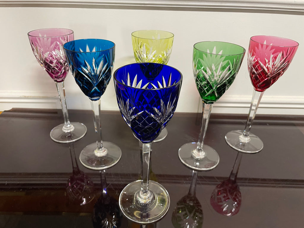 6 VERRES ROEMERS EN CRISTAL DE COULEUR SAINT LOUIS MODÈLE CHANTILLY H: 21,5