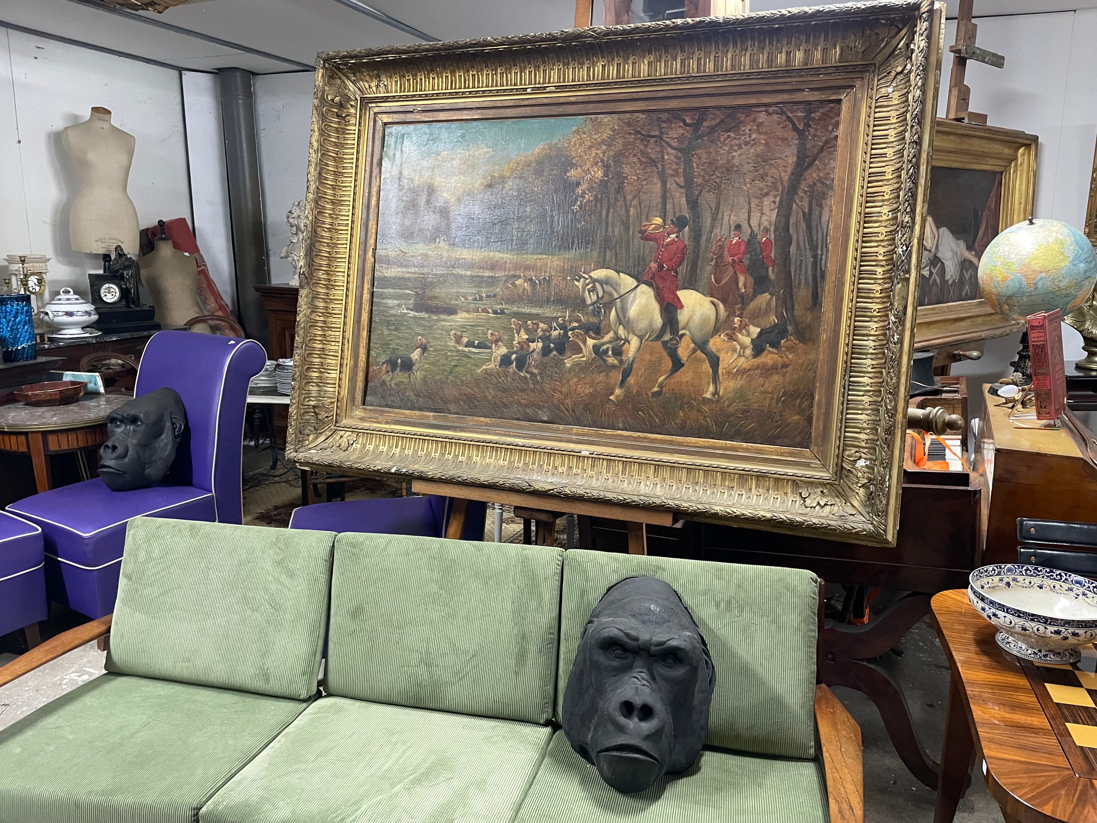 Monumental tableau huile sur toile Chasse à courre époque fin XIXème