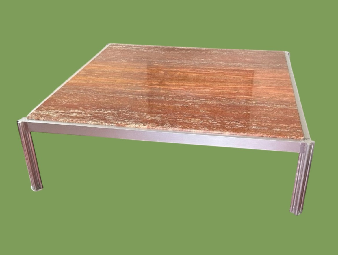Georges Ciancimino - Très Grande et rare table Basse Carré Travertin Rouge Circa 1970