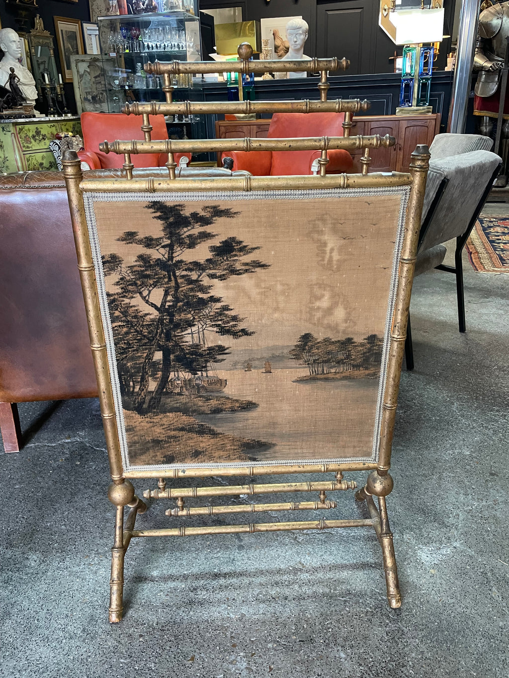 Écran de cheminée / Pare feu en bois doré et soierie fin 19ème