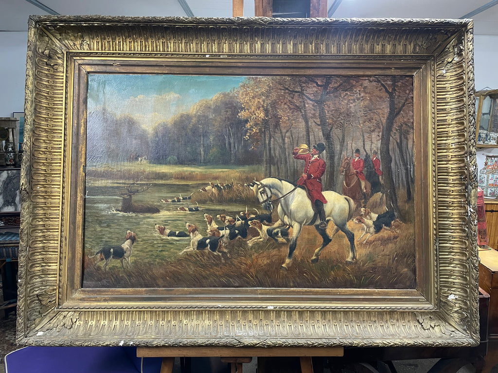 Monumental tableau huile sur toile Chasse à courre époque fin XIXème