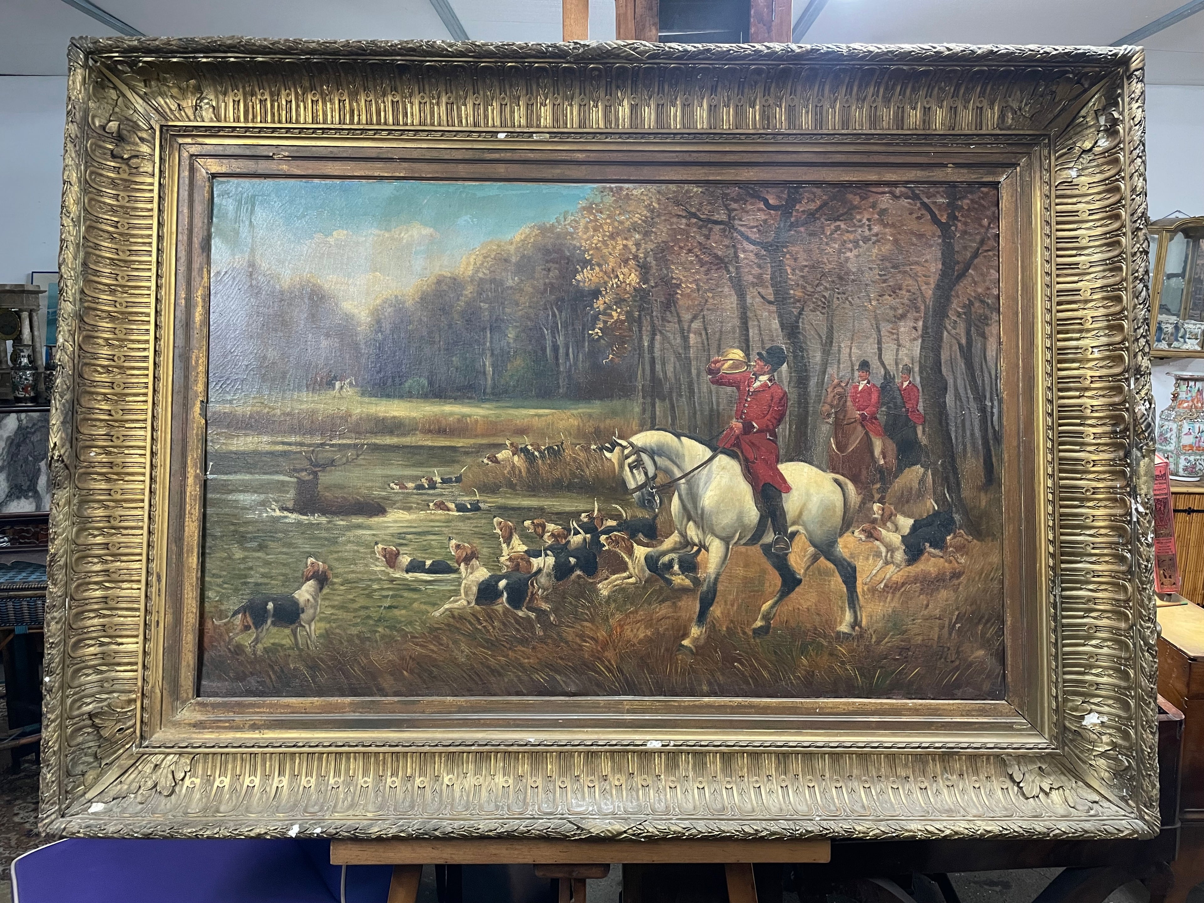 Monumental tableau huile sur toile Chasse à courre époque fin XIXème