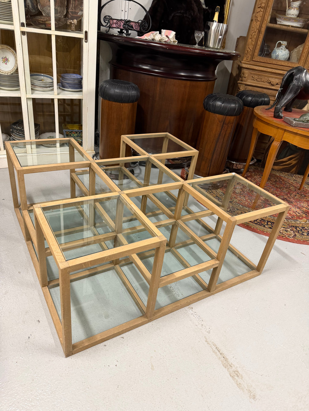 Table basse carrée à étages Bois et carreaux de verres