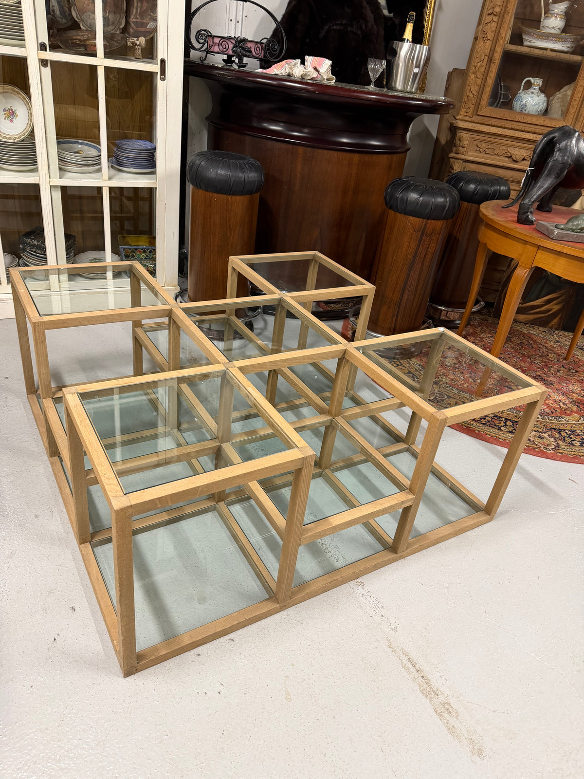 Table basse carrée à étages Bois et carreaux de verres