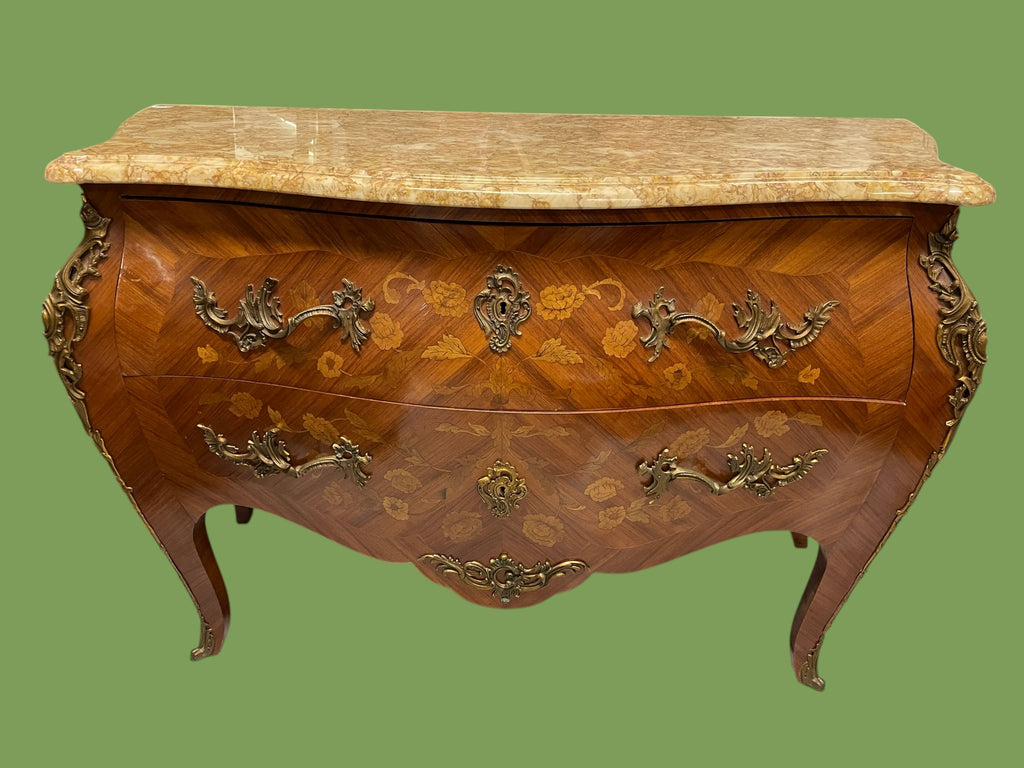 Commode style Louis XV en marqueterie et marbre