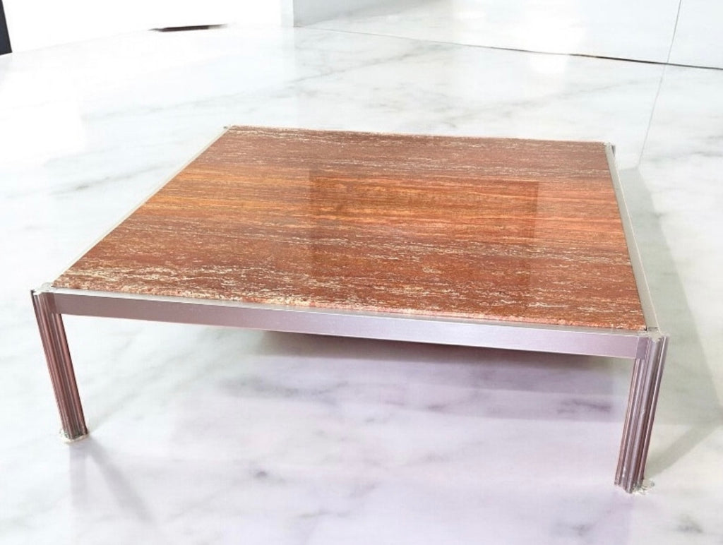Georges Ciancimino - Très Grande et rare table Basse Carré Travertin Rouge Circa 1970