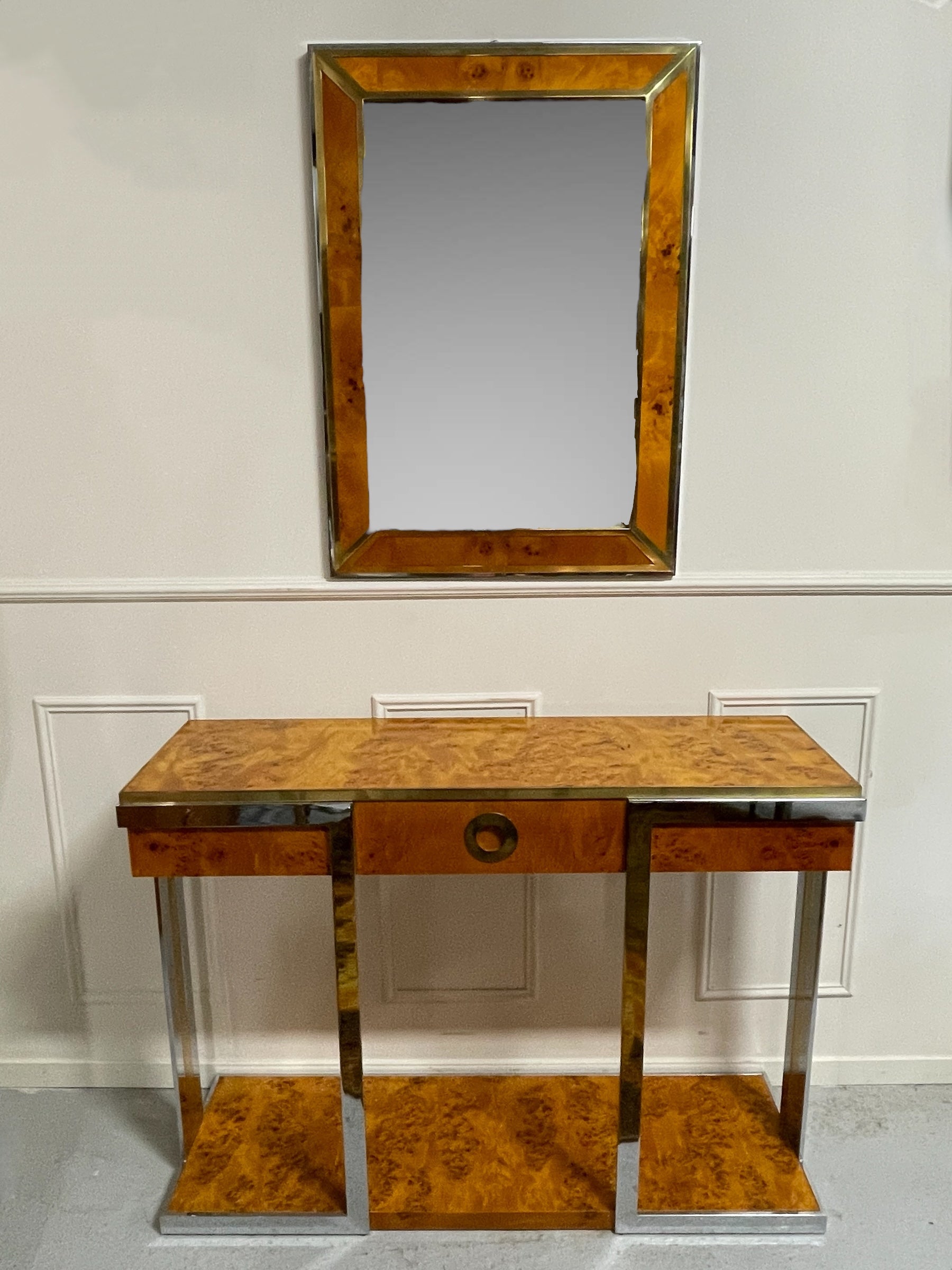 Willy Rizzo - Console et miroir en ronce d’orme Circa 1970