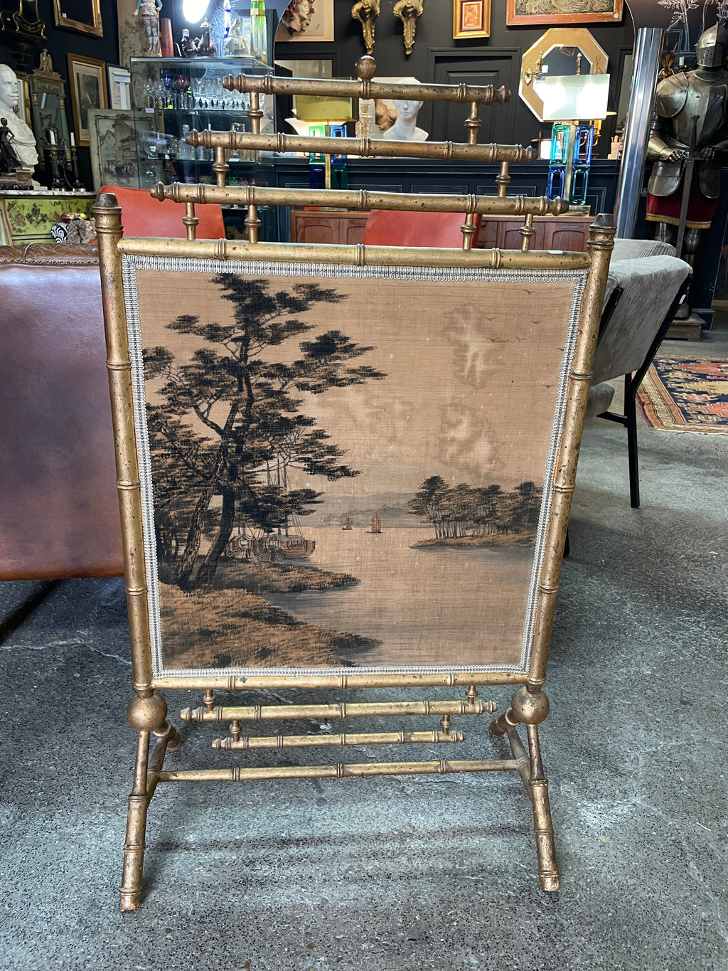 Écran de cheminée / Pare feu en bois doré et soierie fin 19ème