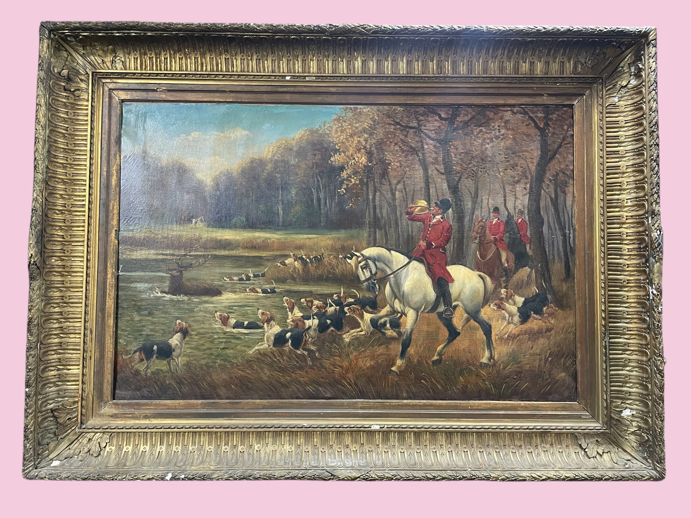 Monumental tableau huile sur toile Chasse à courre époque fin XIXème