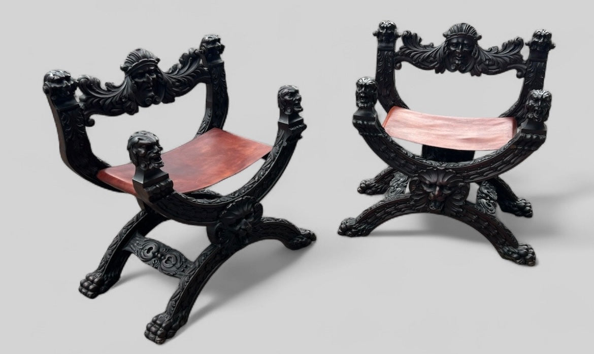 Paire de fauteuils curules Dagobert en acajou de style renaissance fin XIXéme - fauteuil en X