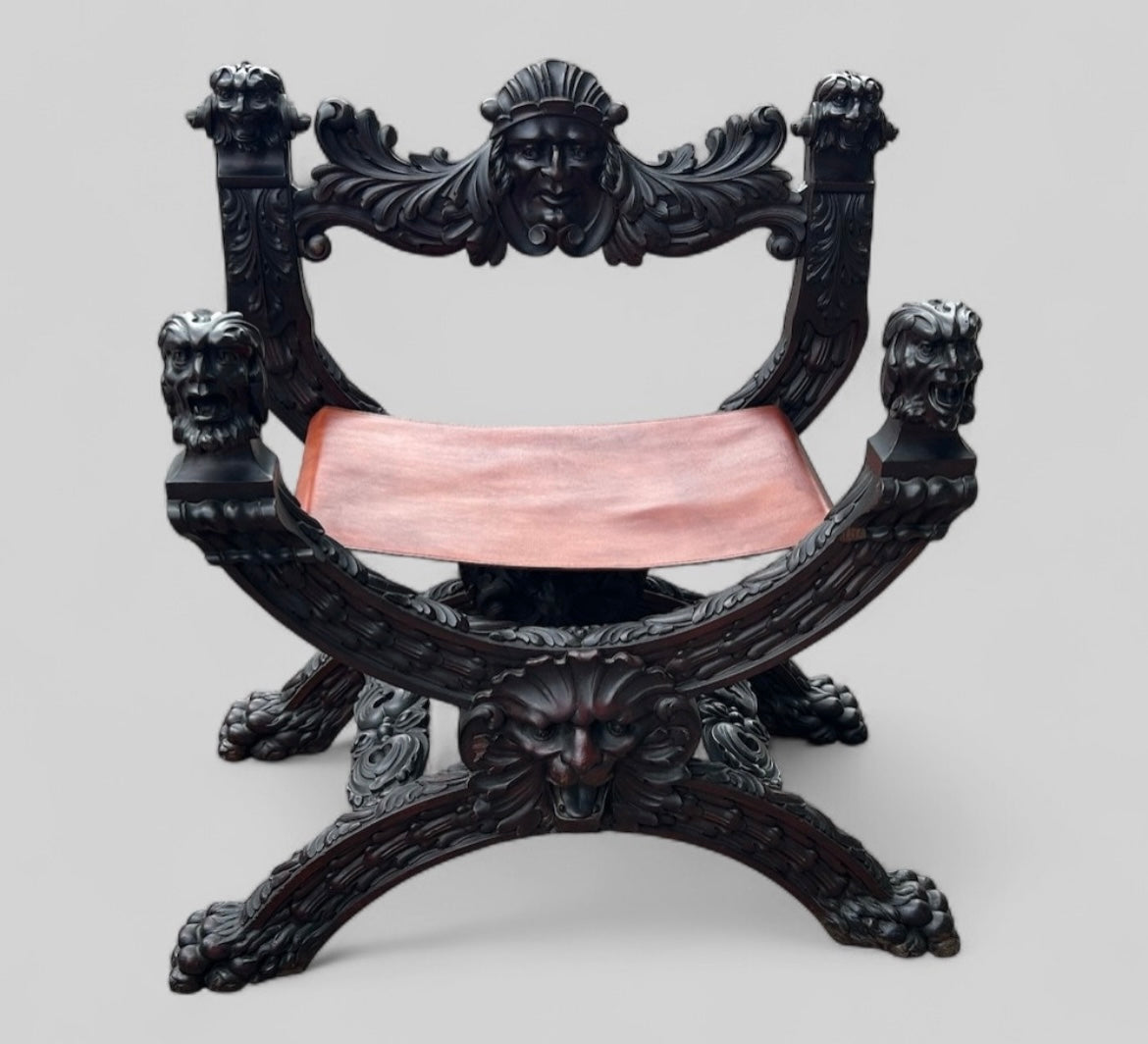 Paire de fauteuils curules Dagobert en acajou de style renaissance fin XIXéme - fauteuil en X