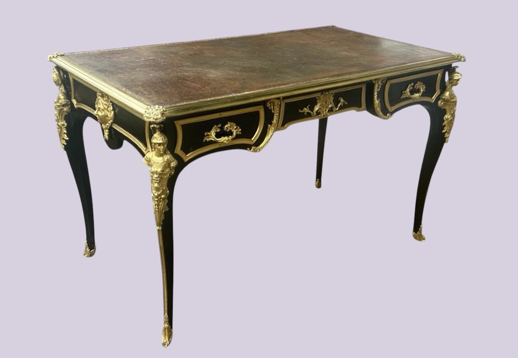 BUREAU PLAT DE STYLE LOUIS XV LAQUÉ NOIR D’ÉPOQUE NAPOLÉON III